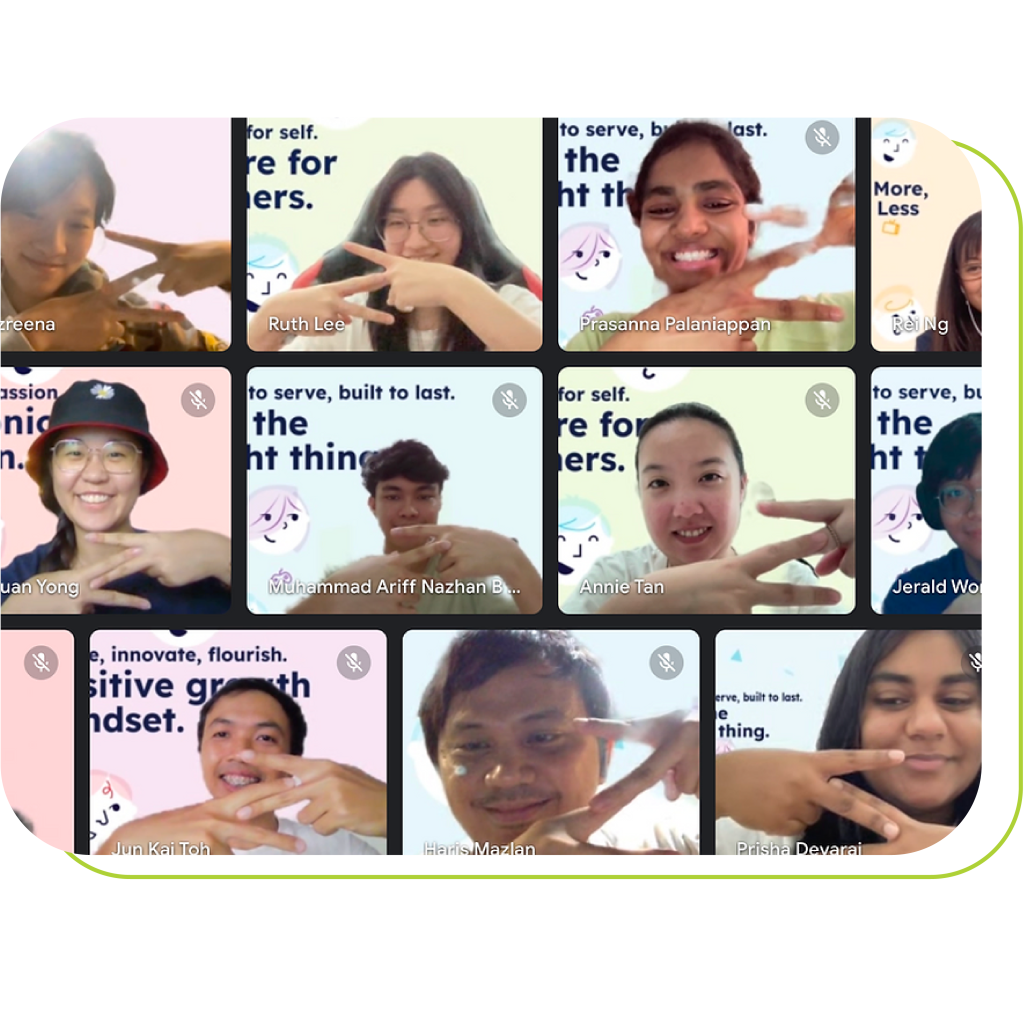 Zoala team is showing the "Z" logo using their hand in the virtual meeting