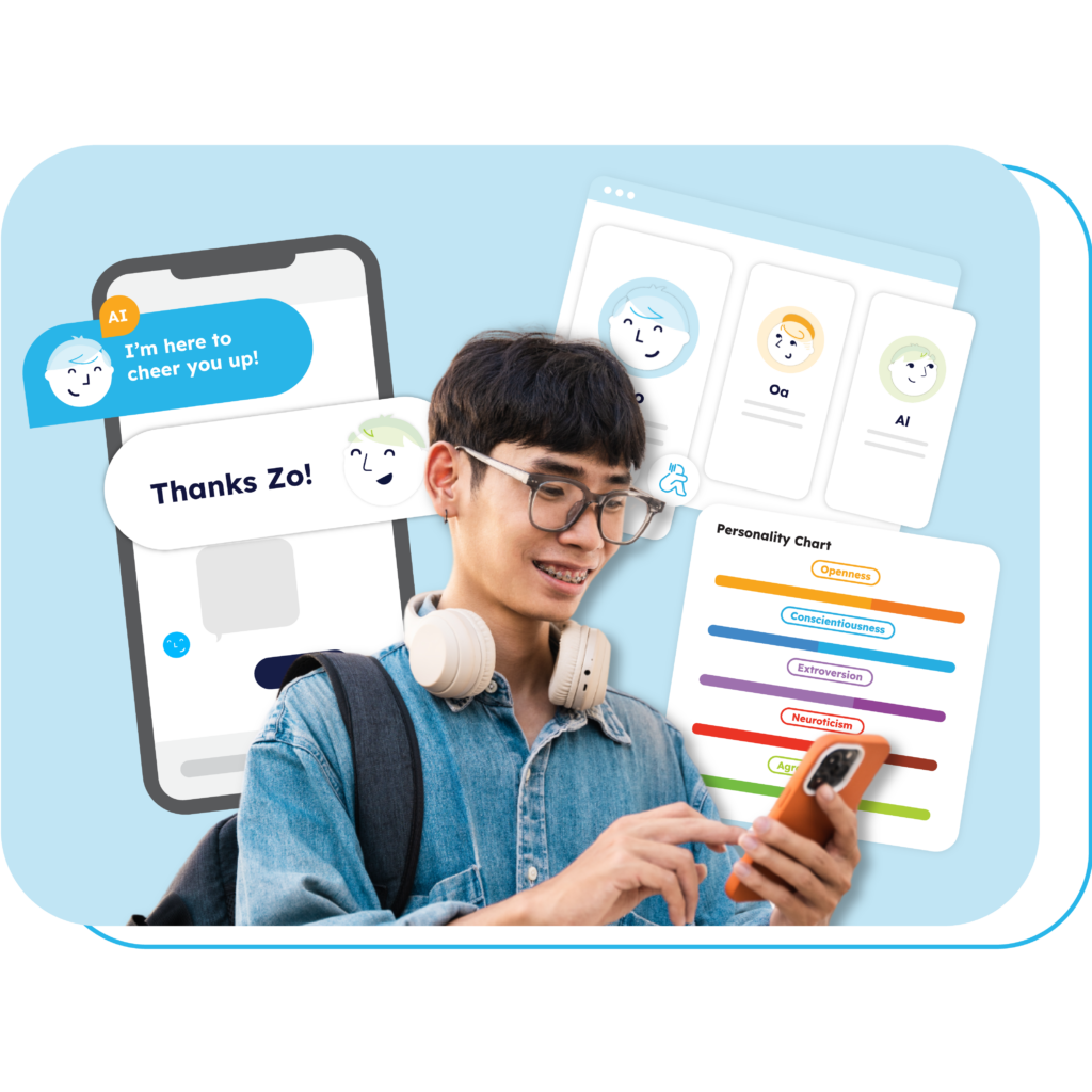 A student is chatting with Zoala's AI chatbot and having personality test.